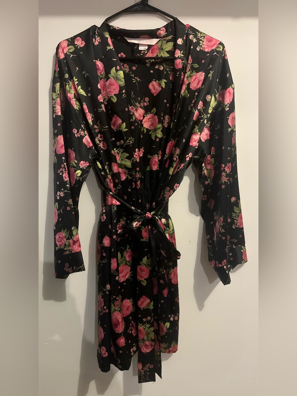 Victoria’s Secret Floral Satin Robe - Black with Pink Rose Print